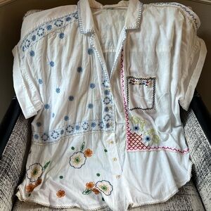 Anthropologie White Blouse with Red Stitching